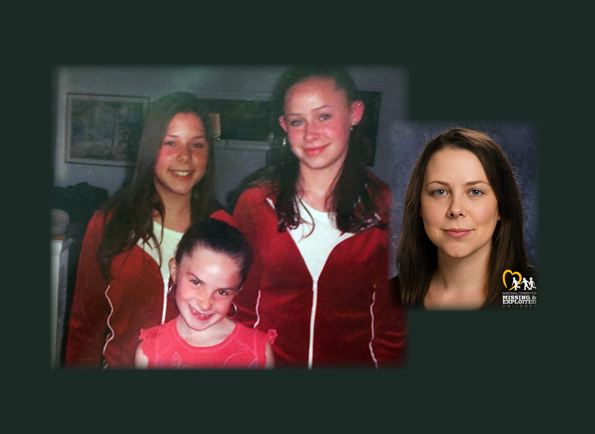 three brown haired girls smiling; inset of heather's age progression