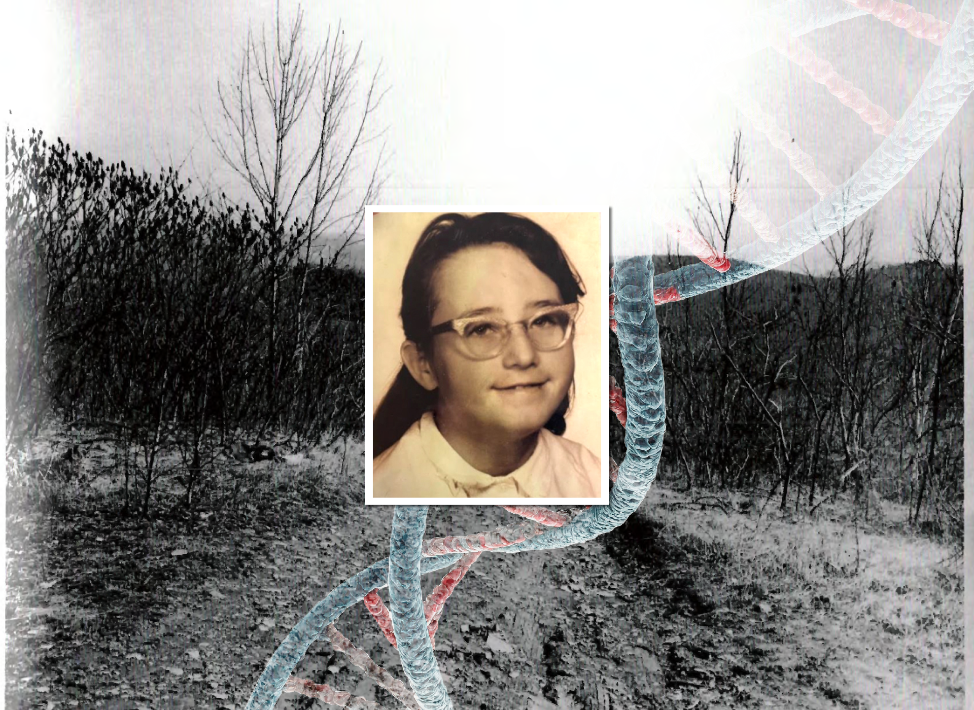 black and white photo of young girl smiling and wearing cat-eye glasses; black and white background of crime scene (grass, bushes, twigs), dna double helix behind photo of girl