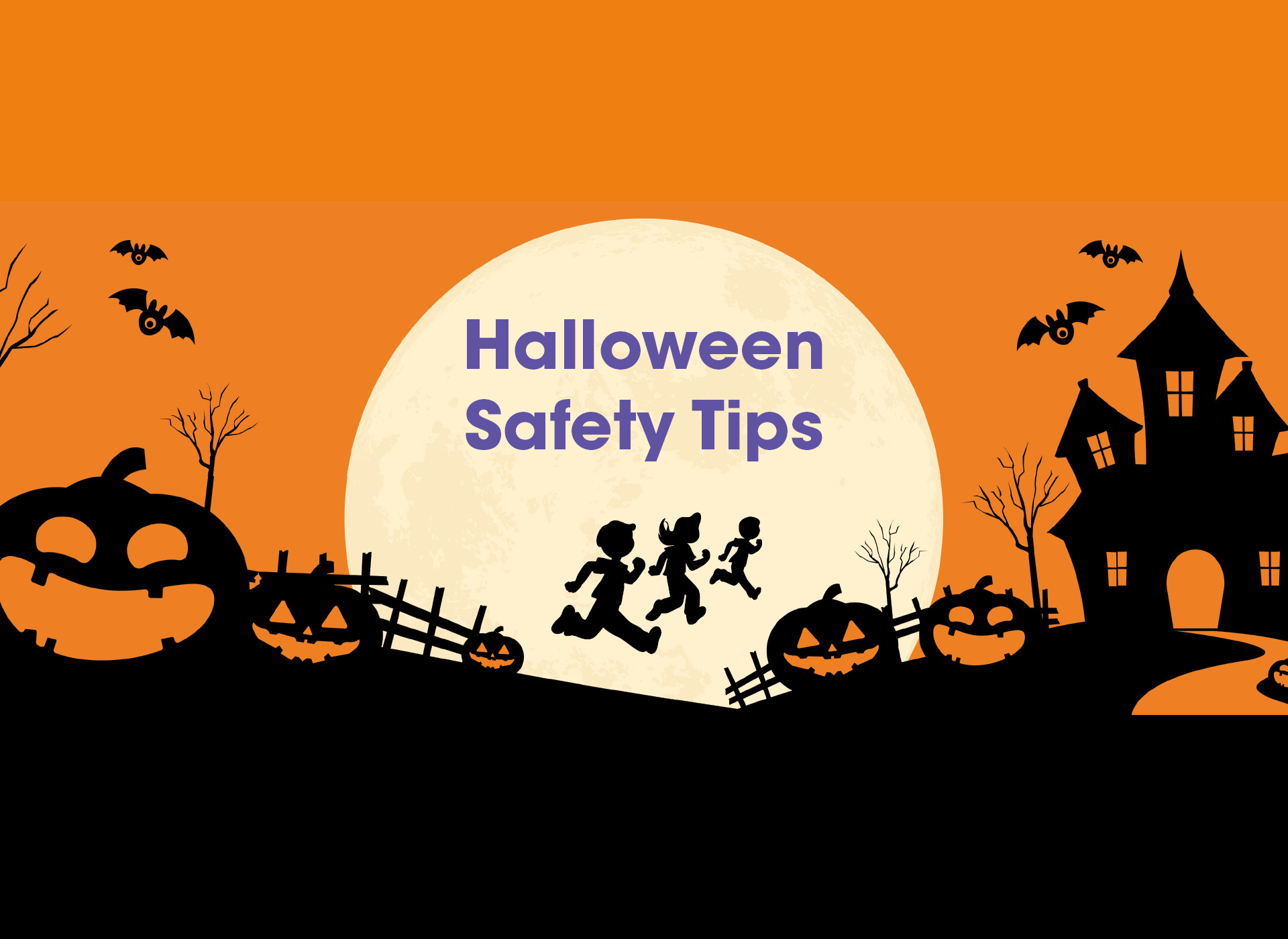 cartoon of full moon rising with silhouettes of pumpkins, a haunted house, and kids trick or treating