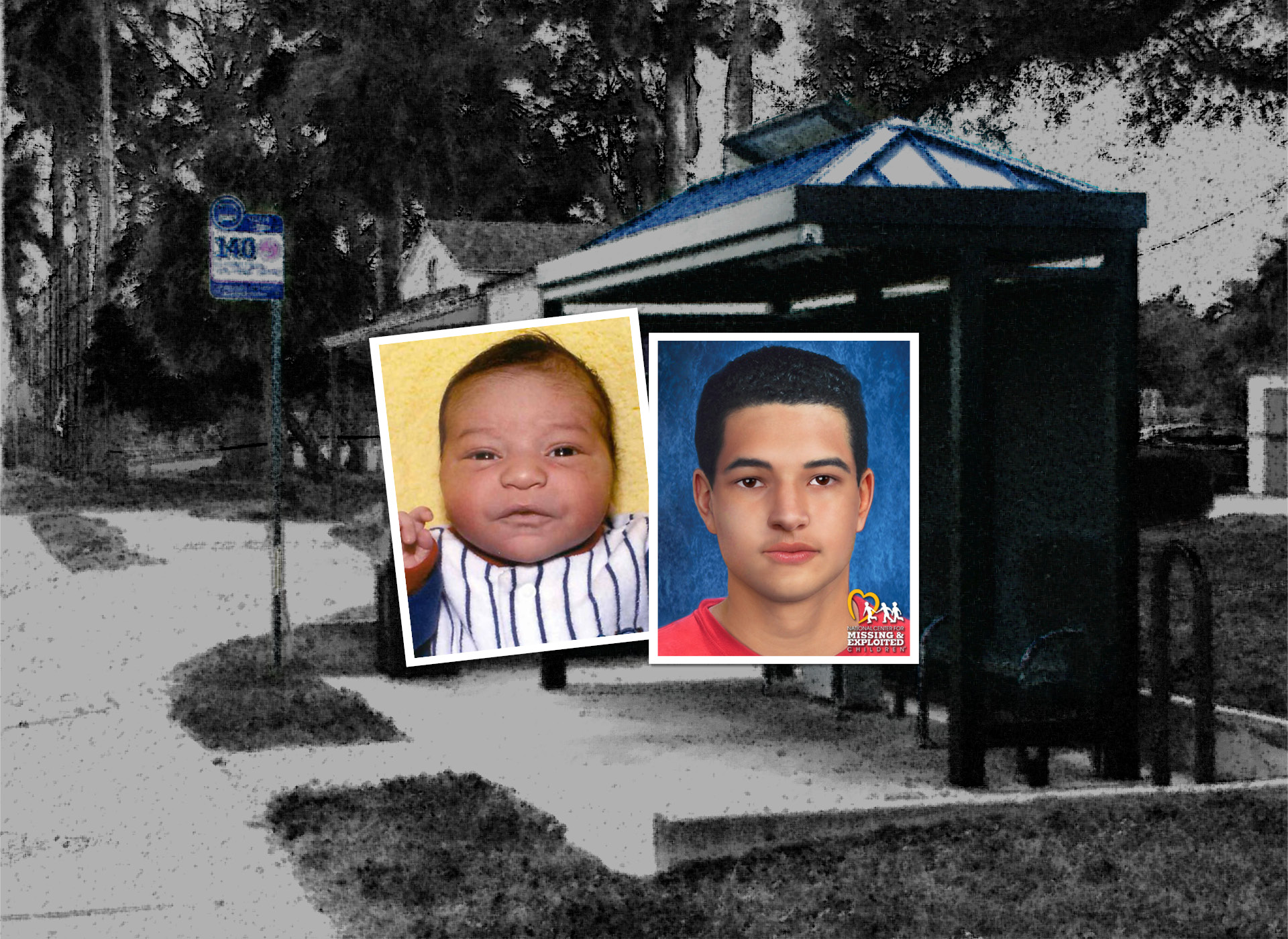 image of bryan as a baby next to his age progression to 18; bus station in background