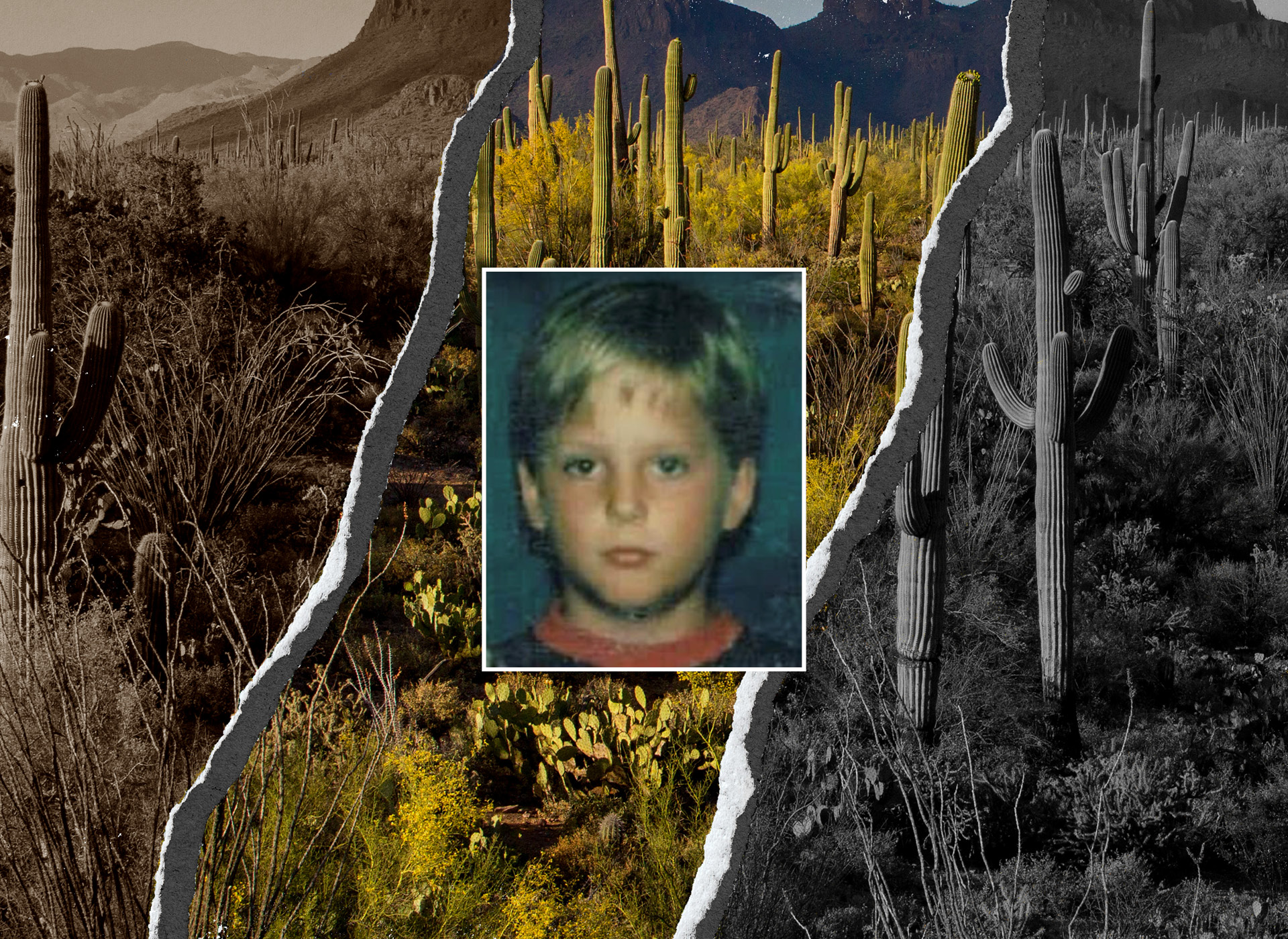 young blond boy school picture; background cacti
