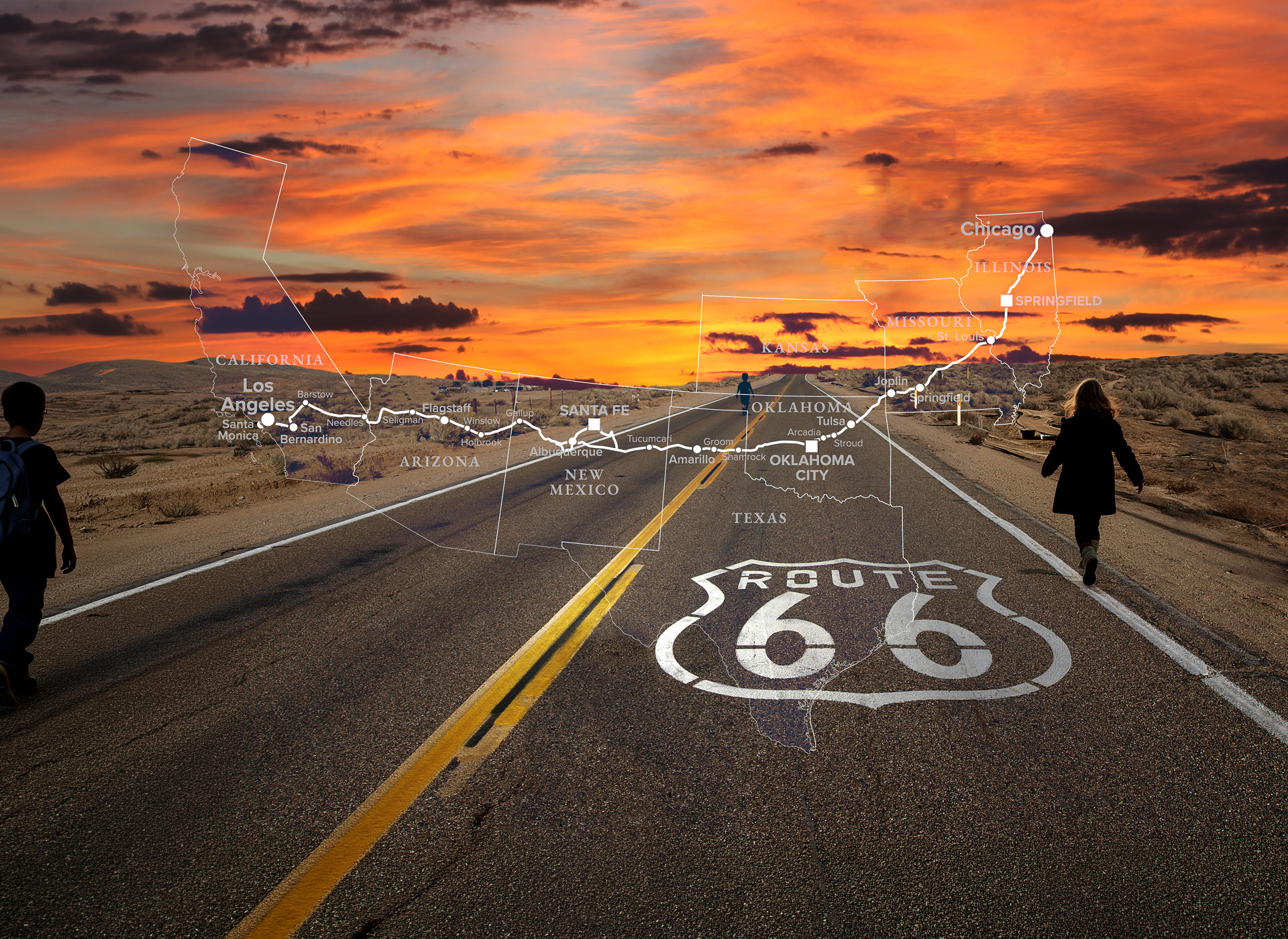 open road with 66 on it; sunset in background