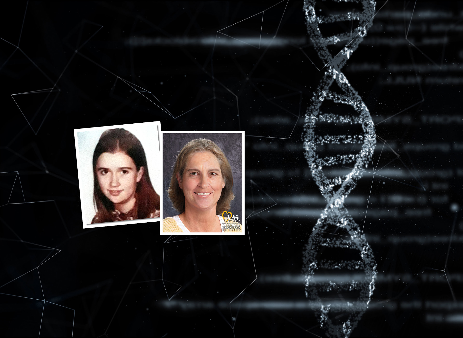 picture of teen girl with dark shoulder length hair next to age progression; background double helix