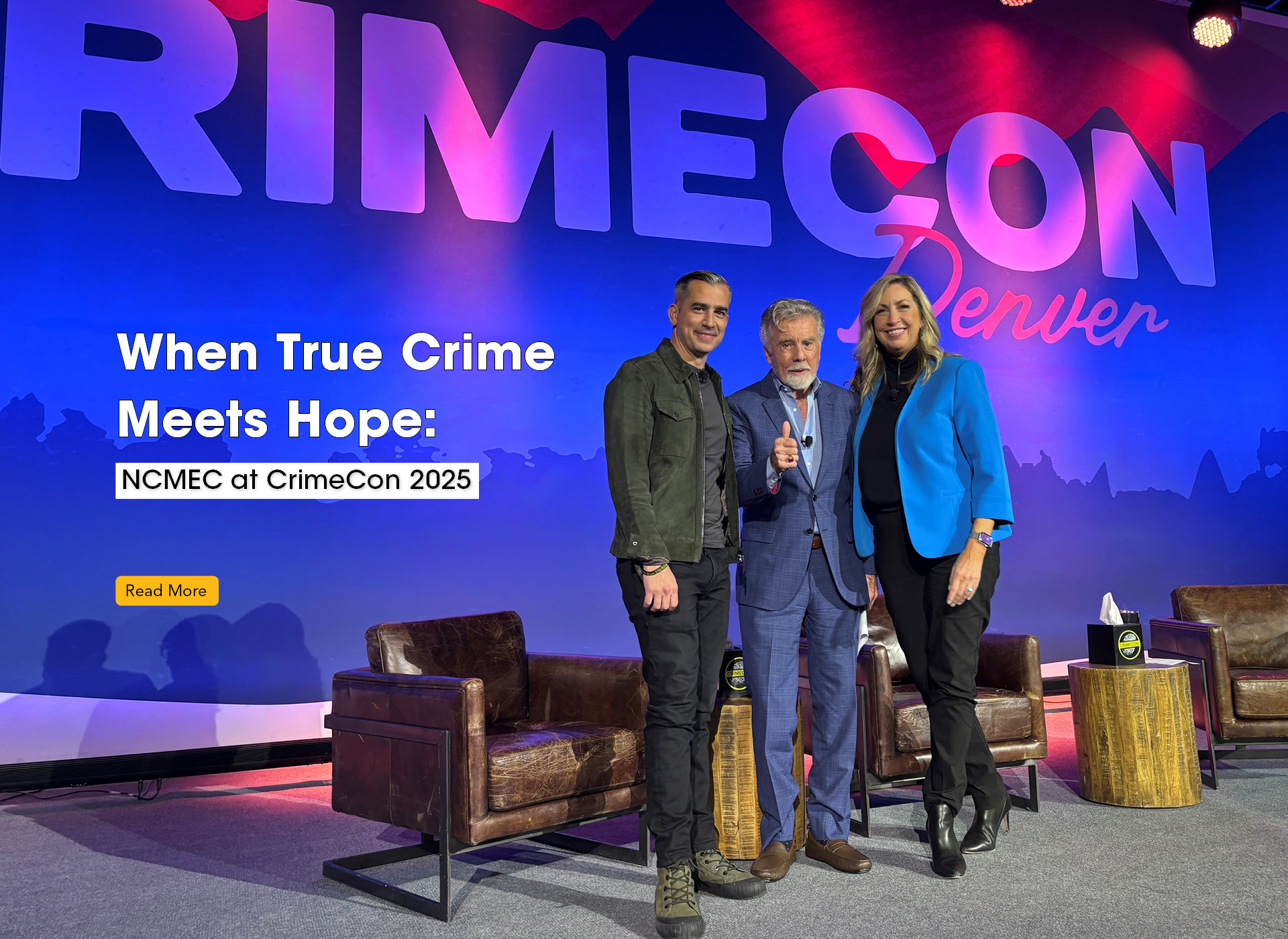 callahan walsh, john walsh, michelle delaune stand in front of crime con backdrop on stage