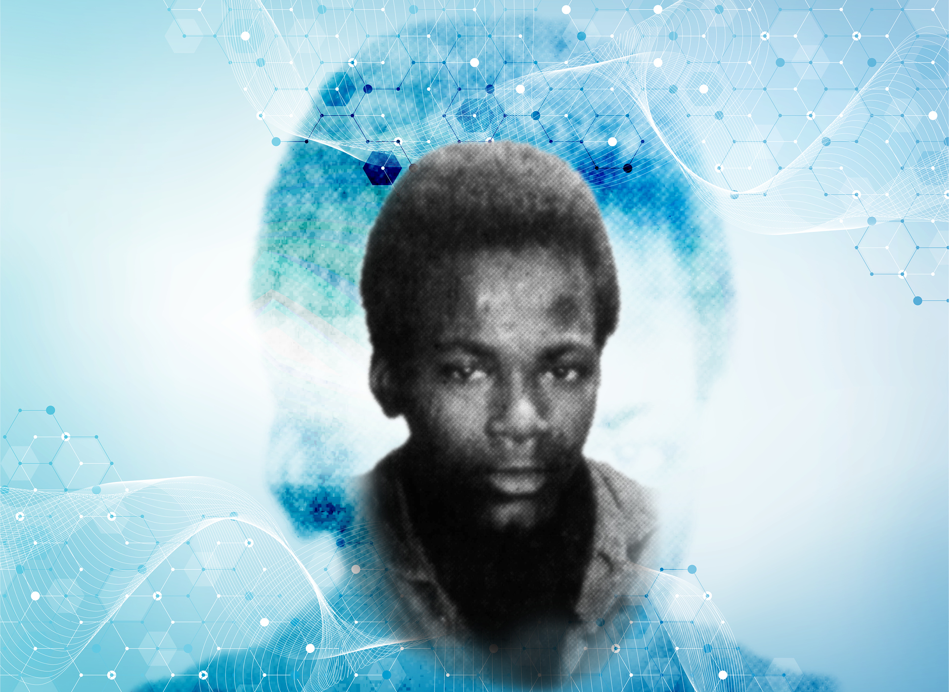 black and white photo of young black man with short hair against a blue background