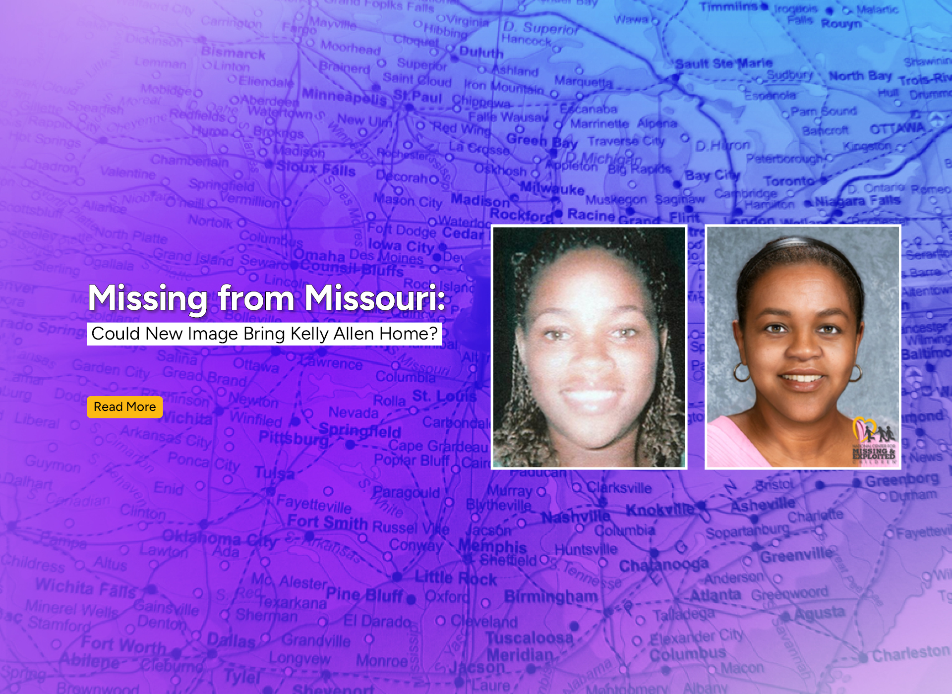 two images of kelly, a black girl: one as a 20-year-old, smiling, with braids; second is age progressed to 39, dark hair pulled back, smiling; background is a blue map of the USA