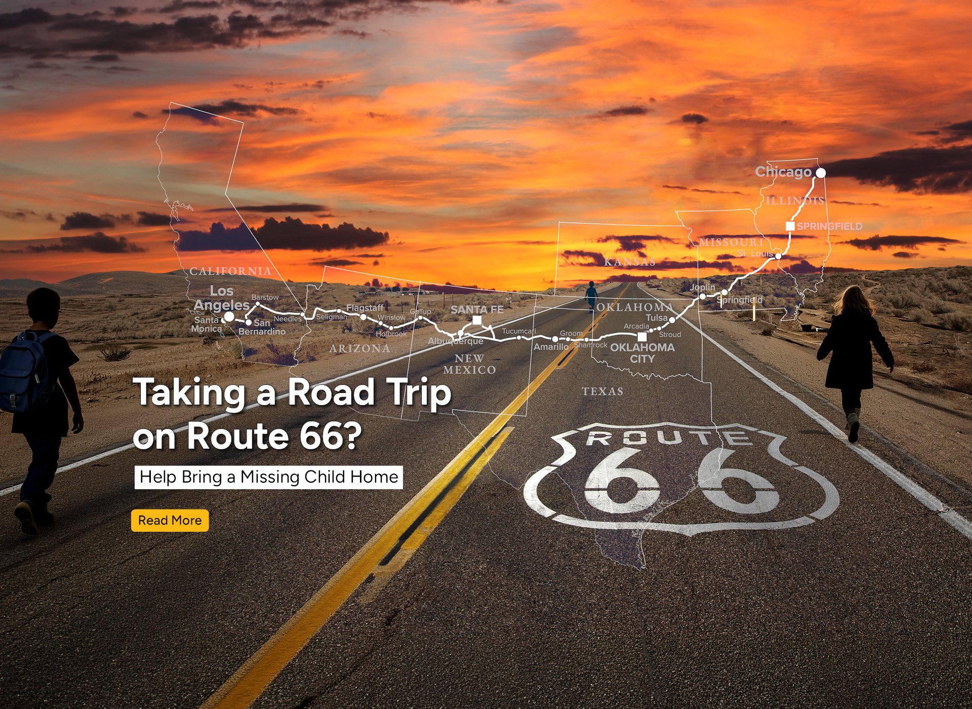 open road with 66 on it; sunset in background