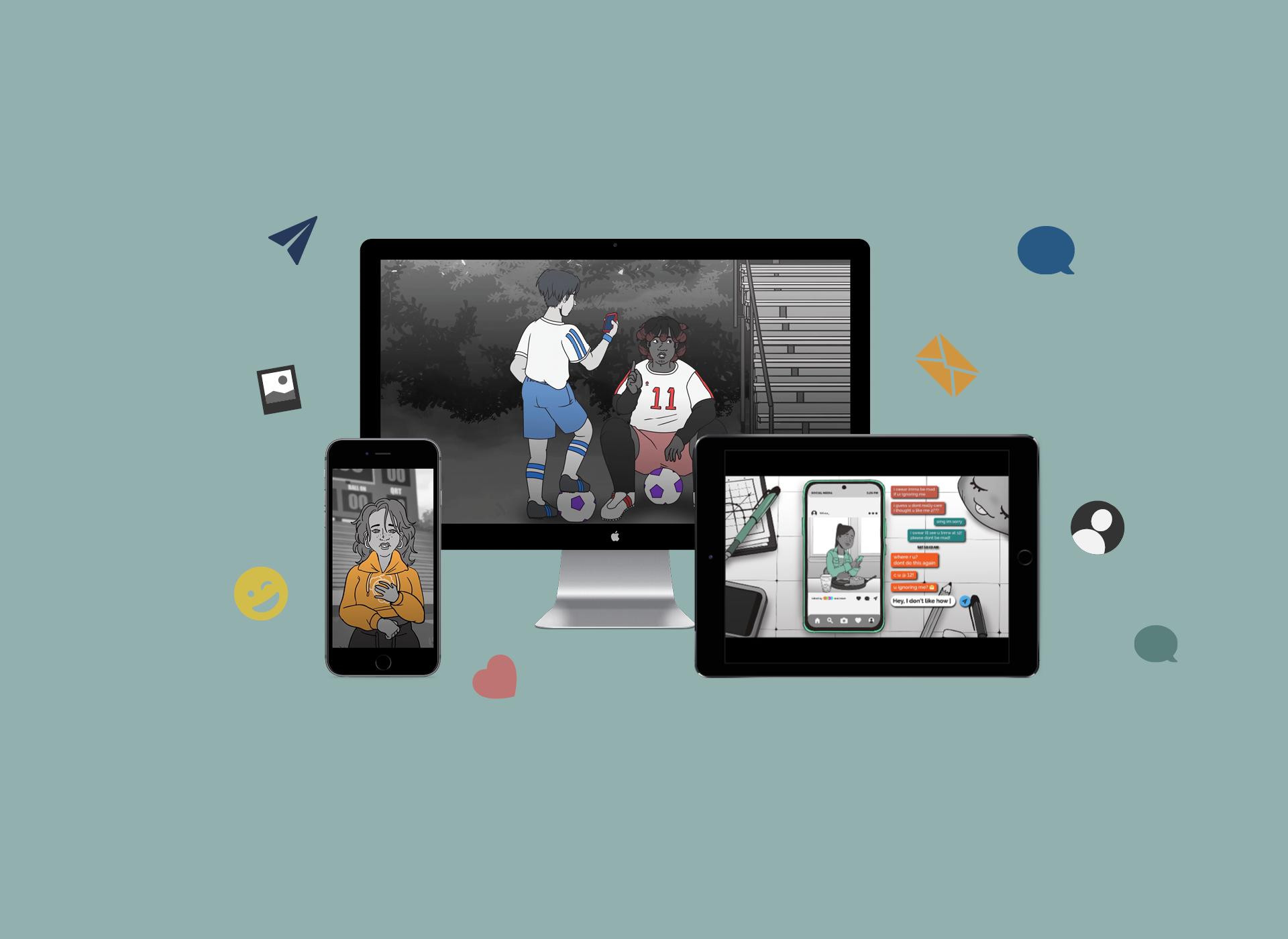 multiple netsmartz teen characters on devices